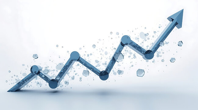 Transparent blue arrow graph rising with floating translucent geometric shapes conveying growth and optimism