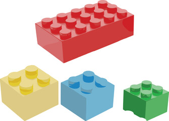 Obraz premium Colorful toy building blocks illustration, glossy plastic brick set in red blue yellow and green, playful construction elements isolated on white background