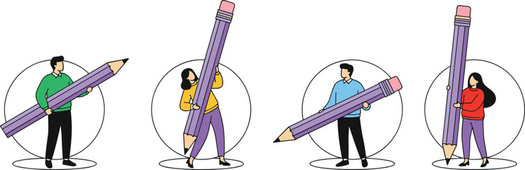 Creative people holding oversized pencils illustration set, teamwork and idea generation concept, modern flat character design for education, creativity and brainstorming themes © Asha Creatives