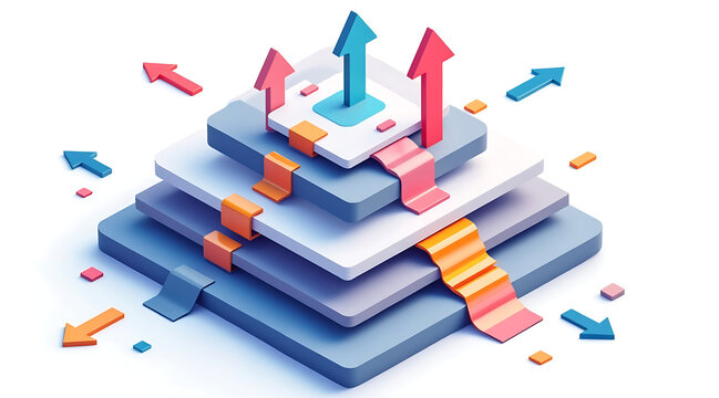 Isometric layered platform with ascending arrows and colorful ribbons indicating growth and strategy, modern 3D illustration conveying progress