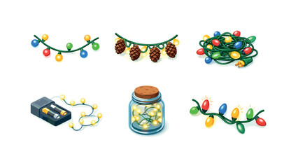 Obraz premium DecorLights. Isometric flat vector icons set of DecorLights: string lights on garland, lights with pine cones, festive lights bundle,