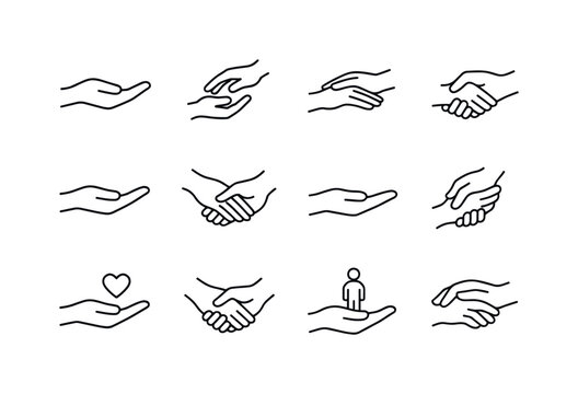 Minimal Helping Hands. Minimal Helping Hand. Line icon set of Minimal Helping Hand: simple hand outline, minimal support gesture, abstract helping hand, clean