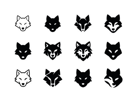 wolf. Icon set. Set Logo of wolf: wolf head. harmonious logo variations of the same emblematic concept, each with different
