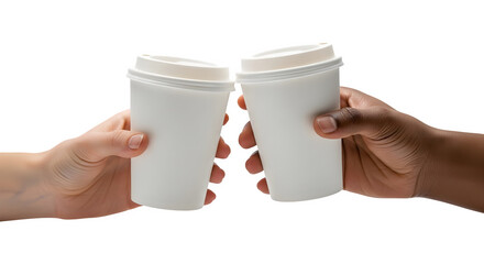 Two hands clinking disposable coffee cups in a celebratory toast isolated on transparent background