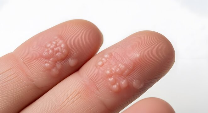 Close-up of common warts (verruca vulgaris) on human fingers. Caused by HPV infection, showing small, hard, grainy skin growths. Ideal for medical, dermatology