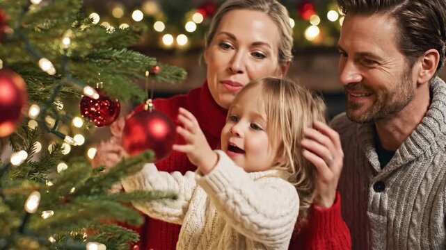 Happy family decorating holiday tree together with bright ornaments