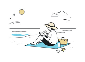 Fototapeta premium Peaceful Beach Reading. Beach solitude scene. A single traveler reads a book under the open sky, with minimal beach elements and a peaceful horizon. Silence,