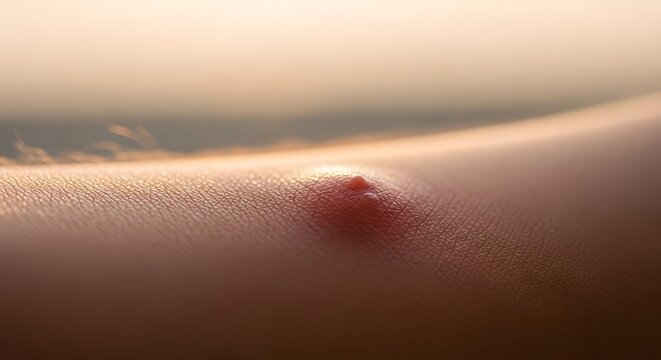 Macro shot of an inflamed skin area showing a minor bump or rash. Visualizing common skin issues like dermatitis, insect stings, or allergic sensitivity. Profe