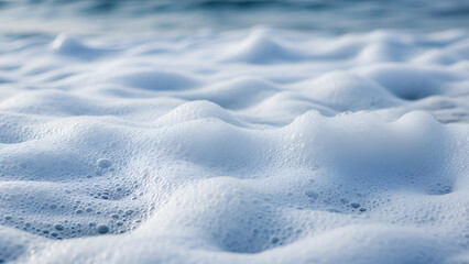 Obraz premium A mesmerizing close-up of thick, white ocean foam creates an abstract, textured landscape on the water's surface.