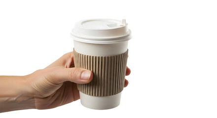 Hand holding a disposable coffee cup with a lid and sleeve isolated on transparent background