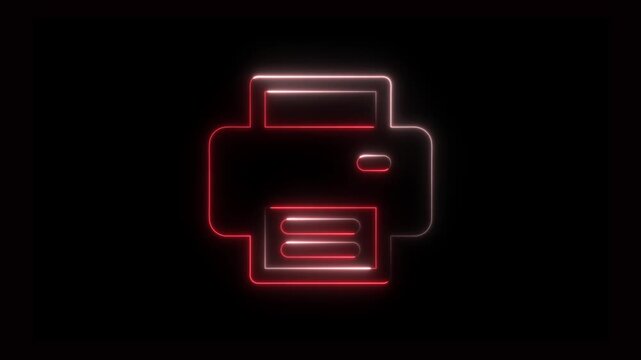 White and red Neon Printer Icon on Black Background, Glowing Print Symbol Animation