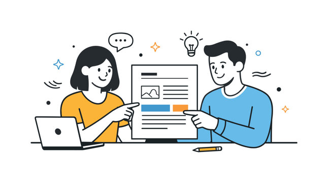 Creative brief for social post. A friendly collaboration scene where two teammates discuss a brief and point at key sections. Calm