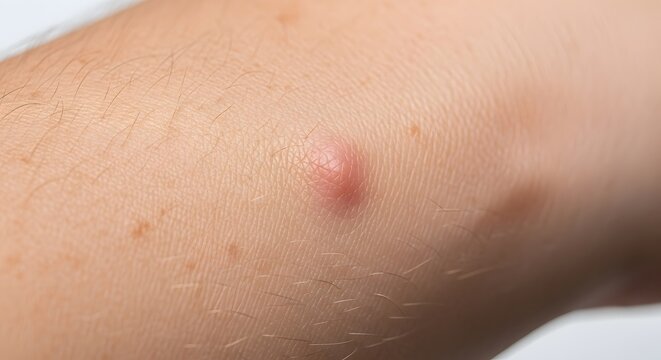 Skin irritation with a raised reddish lump on a person's arm. Representing symptoms of mosquito bites, hives, or minor skin infections. Ideal for healthcare, m