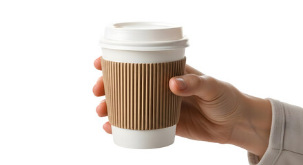 Hand holding a white paper coffee cup with sleeve isolated on transparent background
