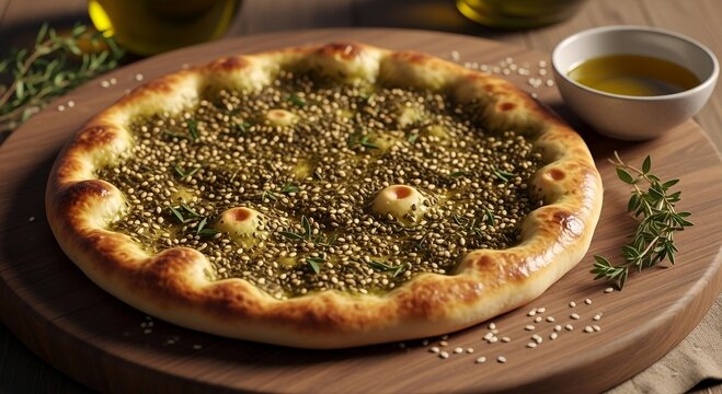 Zaatar Manakish Traditional Middle Eastern Flatbread on Wooden Board