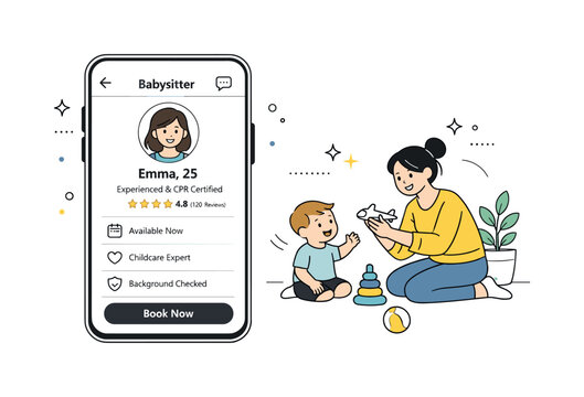 Modern Babysitting Convenience. Modern babysitting services. Smartphone screen showing a babysitter profile while a caregiver interacts happily with a child in