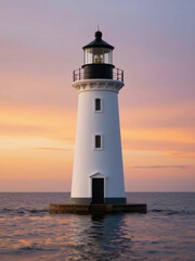 Lighthouse Standing Tall In The Ocean At Sunset With Vibrant Sky And Waves
