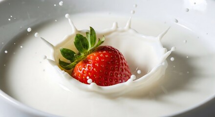Fresh strawberry falling into milk splash