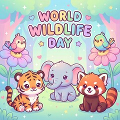 Fototapeta premium Adorable cartoon animals celebrating Wildlife Day with a vibrant and whimsical forest background filled with flowers and stars