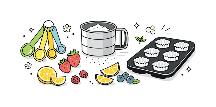 Image Generation. Bakery tools with spring accents. Measuring spoons, flour sifter and baking tray combined with fresh berries and citrus, suggesting seasonal