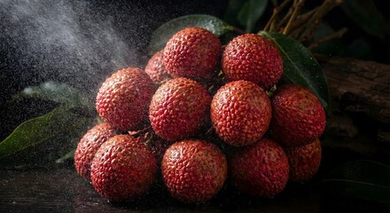 Fresh lychees or rambutans with water mist