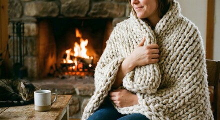 Person sitting by a fireplace wrapped in a blanket