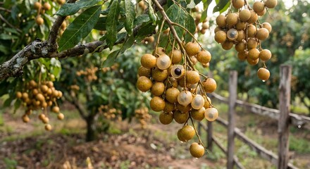 Bunch of fresh longan fruits hanging on a tree