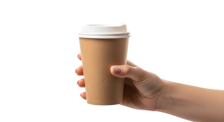 Hand holding a disposable coffee cup with a white lid isolated on transparent background