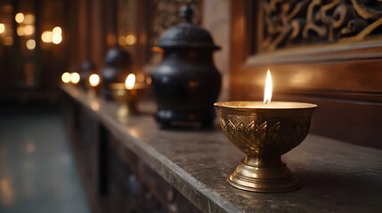 Ornate brass oil lamps with flickering flames illuminate a serene dimly lit sanctuary casting gentle shadows on a stone ledge