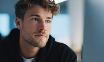 Naklejka premium Contemplative Young Man Looks Away in Indoor Setting Portrait Casual