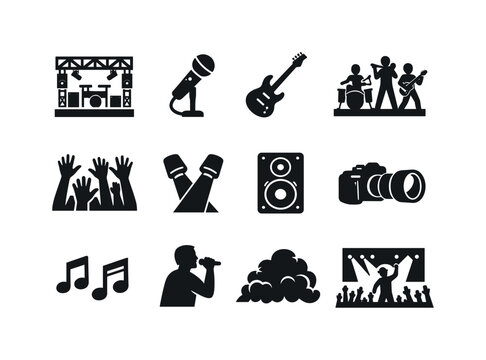 Concert Photography. Solid icon set of Concert Photography: stage, microphone, guitar, live band, crowd hands, spotlight beams, loudspeaker,