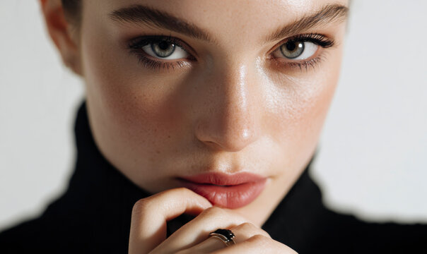 Close-up portrait of serene woman wearing elegant ring with natural light