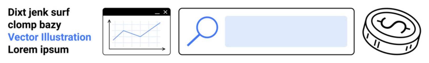 Obraz premium Business analysis, financial growth, data search, technology, market research, strategy development. Linear chart, magnifying glass and coin icons. Financial growth and data search