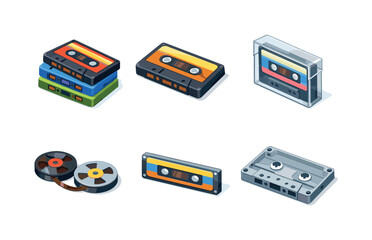 Colorful Cassette Icons. Cassette Tapes. Isometric flat vector icons set of cassette tapes: stacked cassette tapes, single cassette tape, transparent cassette