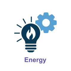 Blue lightbulb with flame icon and gear symbol on white background representing energy concept