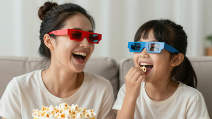 Obraz premium Mother And Daughter Laughing Together While Wearing 3D Glasses And Eating Popcorn On A Couch At Home