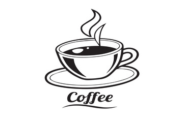 Minimal black and white coffee cup logo featuring rising steam and saucer design ideal for cafe branding packaging menu templates and beverage marketing graphics.
