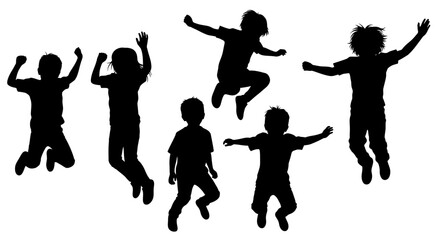 Obraz premium Happy Jumping Children Silhouettes Set - Kids Playing and Celebrating, Active Boys and Girls in Motion, Childhood Joy and Freedom Concept, Black Isolated Vector Collection