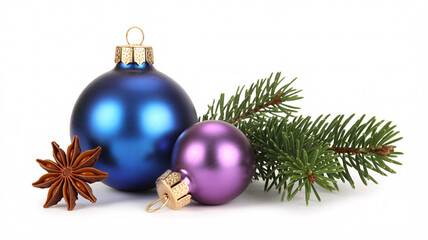 Blue and purple Christmas baubles with gold ribbon and pine sprig on white background festive holiday decor