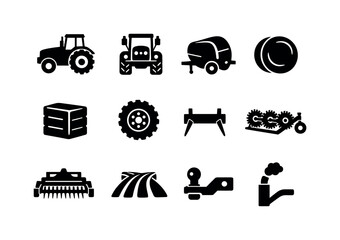 Haying tractor. Solid icon set of haying tractor: tractor side view, tractor front view, hay baler, round hay bale, square hay bale, tractor