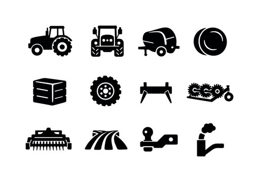 Haying tractor. Solid icon set of haying tractor: tractor side view, tractor front view, hay baler, round hay bale, square hay bale, tractor