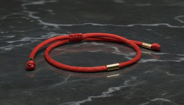 Minimalist red thread bracelet with gold bead on dark background