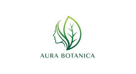 Aura Botanica Natural Beauty Logo - Green Leaf Line Art Emblem, Organic Skincare Brand Identity, Herbal Cosmetics Symbol, Eco Friendly Spa and Wellness Vector Design