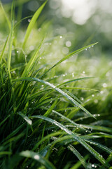 Obraz premium Lush Green Grass Sparkling with Dew Drops in the Morning Sunlight Scene
