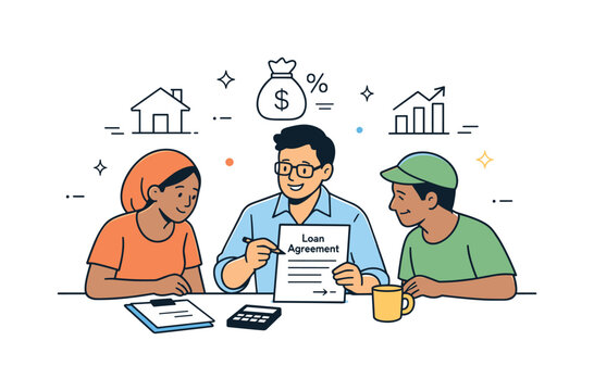 Community microfinance support. A financial advisor helping individuals review simple loan papers at a table, focused and
