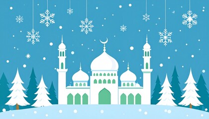 Fototapeta premium White mosque with crescent moon in winter snow landscape festive lights background