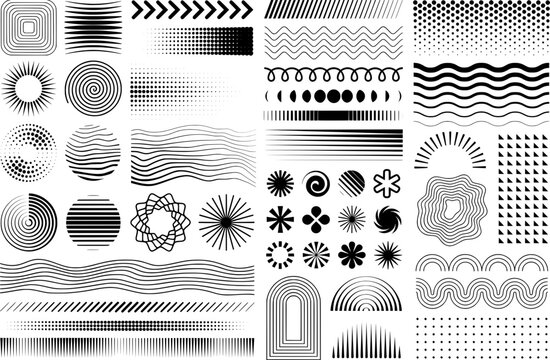 Black and white geometric patterns lines dots waves and abstract design elements collection
