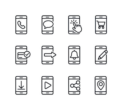 CTA buttons on mobile. Line icon set of CTA buttons on mobile: mobile call button, mobile message button, tap here icon, mobile add to cart,