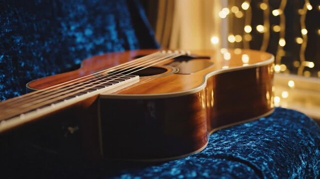 Acoustic guitar on velvet with warm bokeh lights