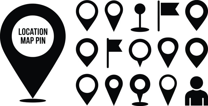 A modern collection of black location map pin icons and various navigation symbols isolated on white